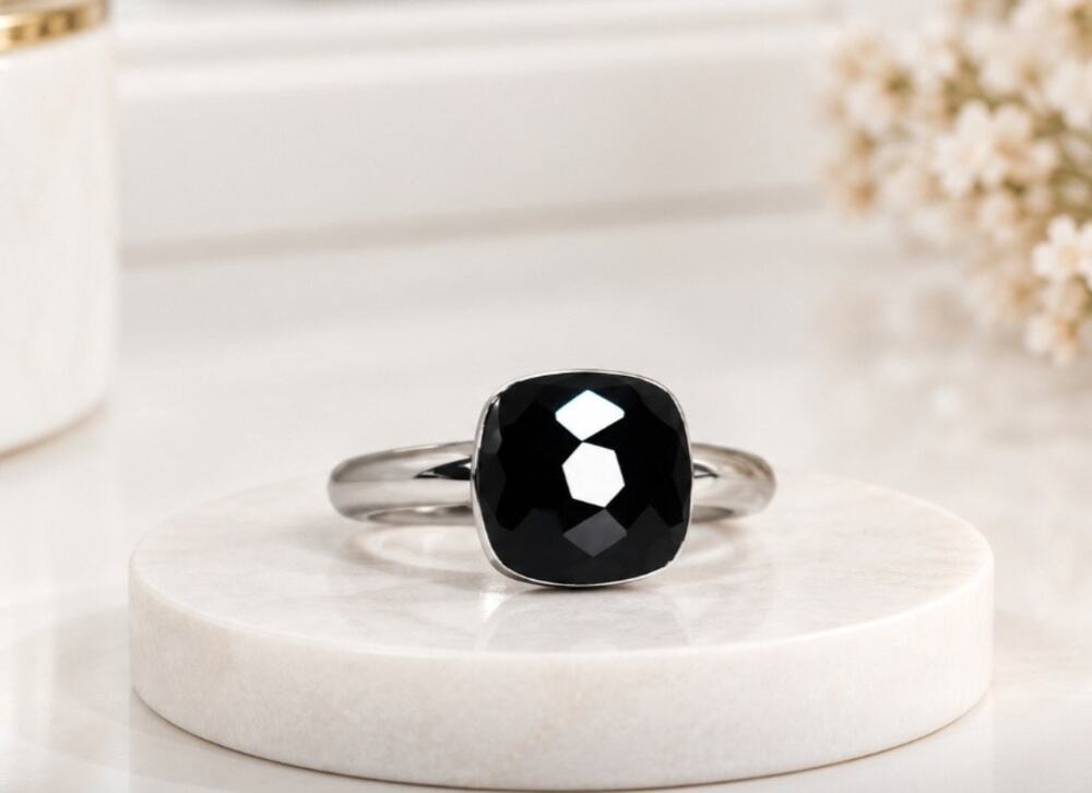 18K Plated White Gold Stainless Steel Black Faceted Stone Ring Size 6